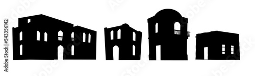 Arab clay hut. Middle Silhouette composition. Set of object. Eastern adobe dwelling. Africa and Asia traditional house. Isolated on white background Vector.