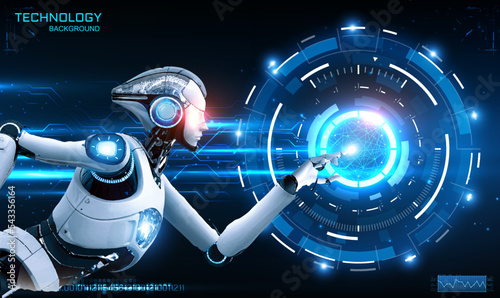3D Rendering futuristic Robot touching on big data network connection, Science and artificial intelligence technology, innovation and futuristic, AI, Machine learning. Robot works virtual hud. Vector