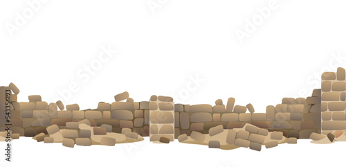 Fence made of rounded stones with supports and foundation. Horizontal seamless design. Destroyed old one. Isolated on white background Vector.