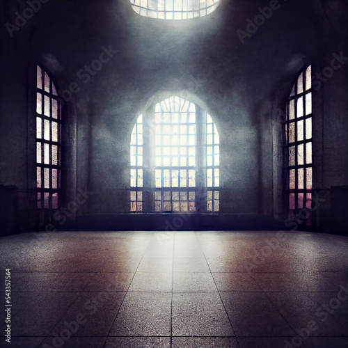 Empty Large Room with Skylight Window and Tall Large Windows  Cinematic Light Flooding in and Reflecting on the Wooden Floors Smoky Haze Looming   Church Architecture Design   Midjourney   Photoshop