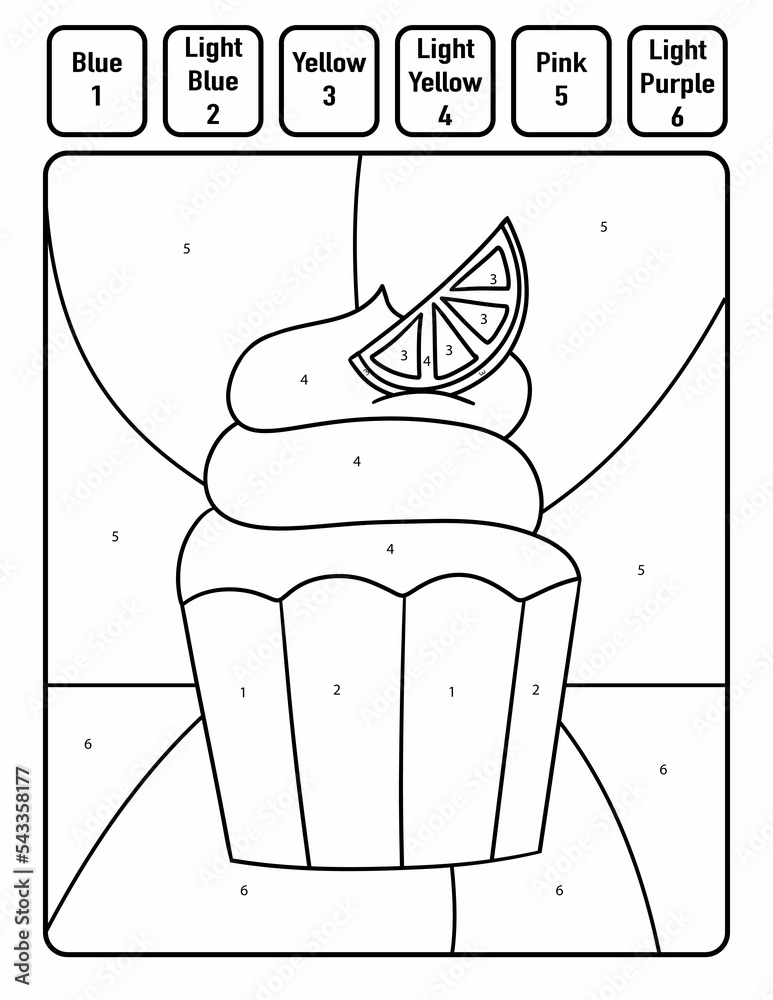 Cute Lemon Cupcake Color By Number Coloring Activity Worksheet for