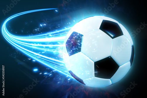 Soccer ball speed fast magic effect in blue flames and lights black background