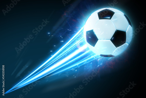 Soccer ball speed fast magic effect in blue flames and lights black background