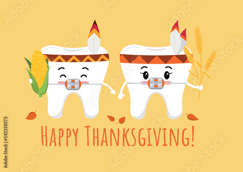 Thanksgiving tooth in braces in indian feather headband with corn and wheat ear in hand. White teeth in native american carnival costume dental character. Flat design cartoon vector illustration.