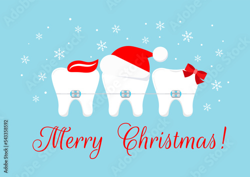 Christmas teeth in braces with xmas accessories on dentist greeting card. White xmas winter tooth in brackets in santa hat with paste and bow. Flat design cartoon vector illustration. 
