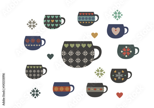 Collection of vector color mugs with scandinavian style inspired pattern