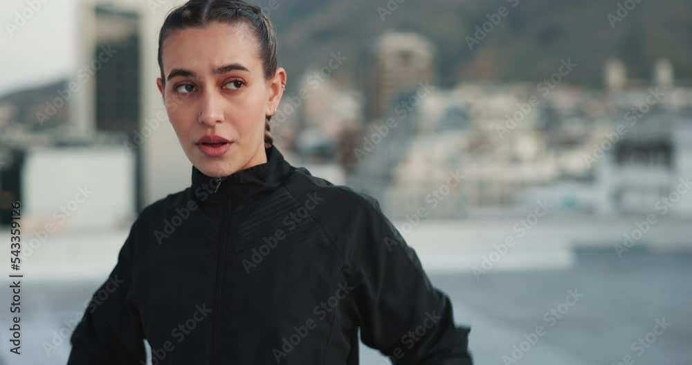 Woman, jacket and stretching workout, for exercise and fitness for training, health and outdoor. Female trainer, athlete and prepare for morning run, ready to start healthy routine and warm up body.