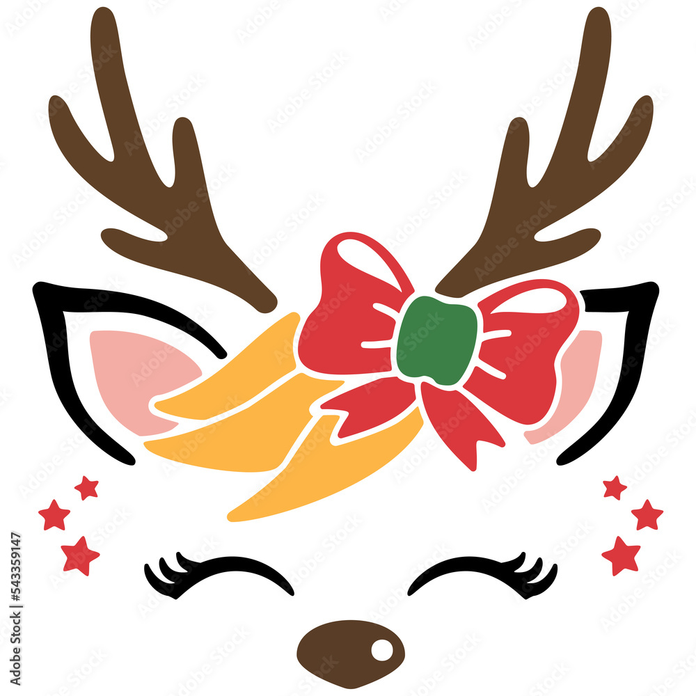 Fototapeta premium Cute deer face Illustration cutout png for Christmas. Deer eyes, horns and nose. Reindeer with decorative Christmas bow. Cute holiday reindeer face PNG.