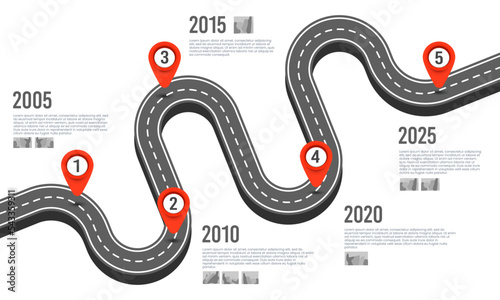 Business road map timeline infographic. Milestone of company five times. Company history. Vector illustration.