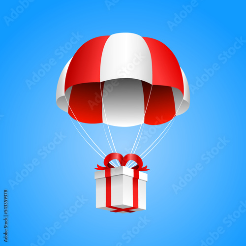 Gift box airdrop. Gift box floating in the sky with a parachute. White gift box. Vector illustration.