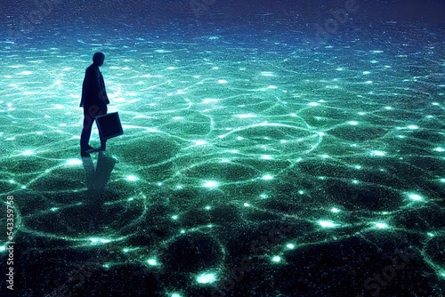 Sea of data submerged in the metaverse. Abstract floor technology background with blue led light. Tech business concept.