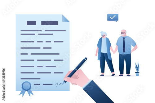 Elderly love couple with testament and last will, property bequeath in old age. Pensioner retirement document about wealth inheritance and official testamentary document.