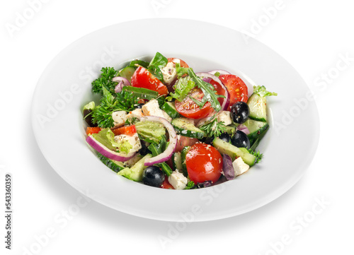 Close-up photo of fresh salad with vegetables in white plate