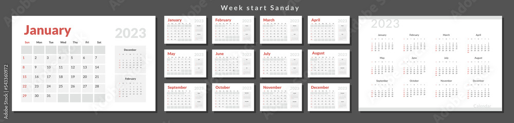 Set of 2023 Calendar Planner Template in minimal business style. Vector layout of a wall or desk simple calendar with week start sunday. Calendar grid in grey color for print Set of 2023 Calendar Planner Template in minimal business style. Vector layout of a wall or desk simple calendar with week start sunday. Calendar grid in grey color for print