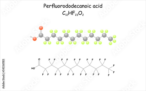 Stylized molecule model/structural formula of Perfluorodecanoic acid. Use as softener agent.
