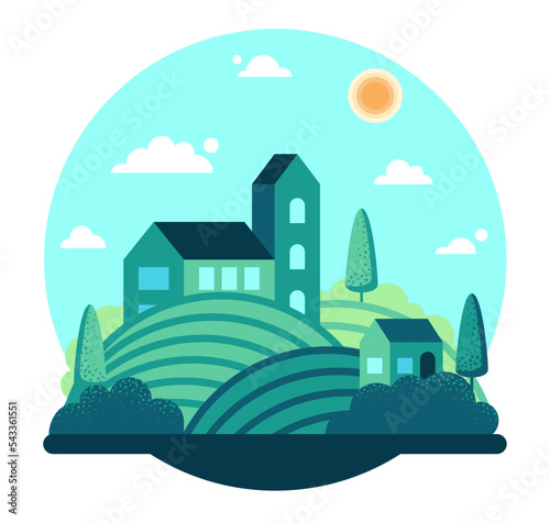 Farmhouses on a hill - vector cartoon illustration in round frame