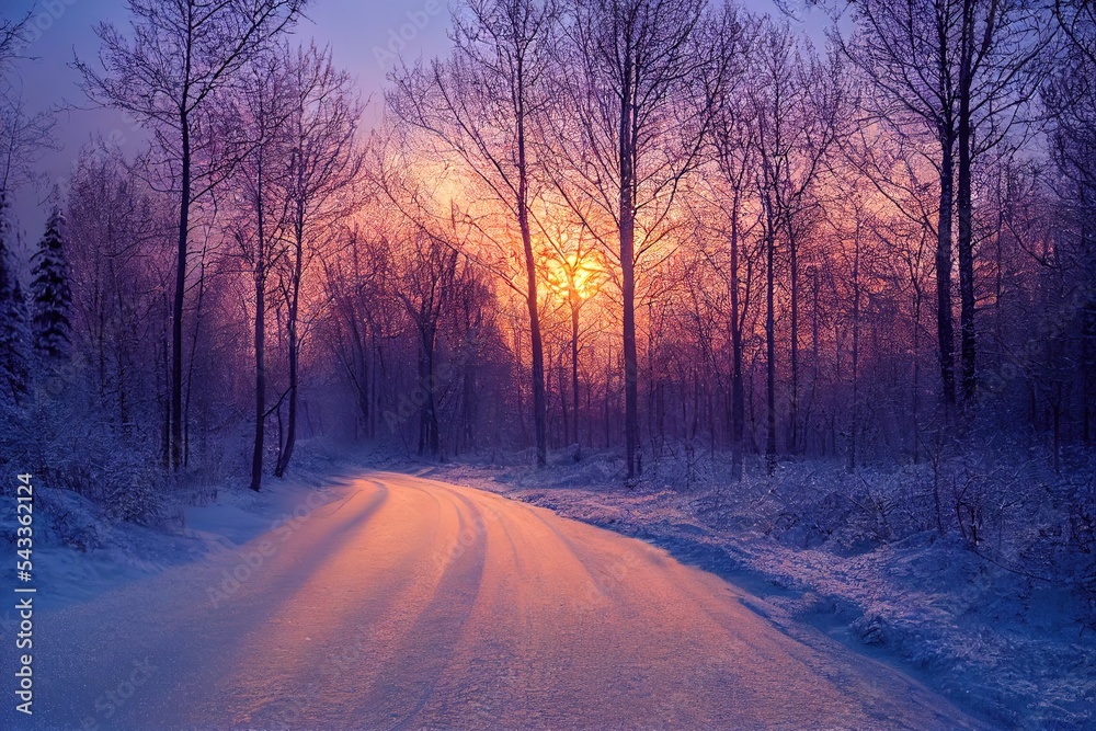 The road in the winter forest at dawn. Russia, Ural The road in the winter forest at dawn. Russia, Ural
