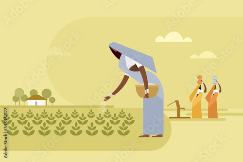 Illustration of a woman throwing fertile to the crops in the agricultural field