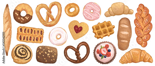 Bakery products set. Hand drawn watercolor realistic detailed vector illustration of baguette, croissant, cream cake, cupcake and donut isolated on white background
