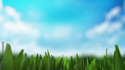Golf club hits a golf ball in a super slow motion close up on grass blue sky, in sunny morning. visible, 3D animation photo
