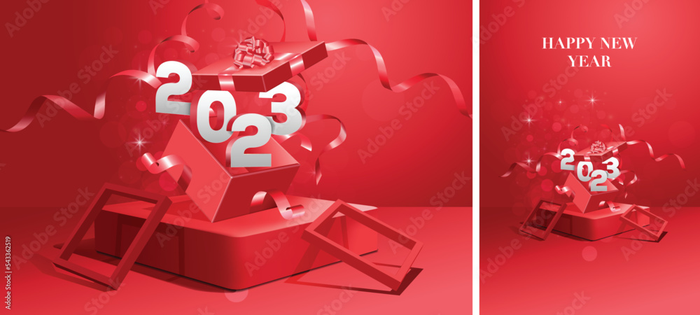 Fototapeta premium Happy new year 2023 square template with 3D hanging number. Greeting concept for 2023 new year 