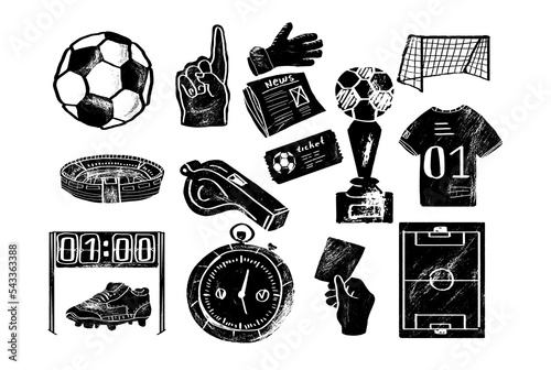 Association football or soccer engraving, ink set. Vector drawing isolated on white background
