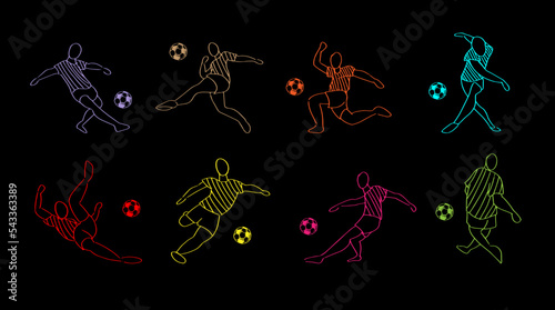 Soccer or football sports outline collection. Vector illustration of male players with ball.	