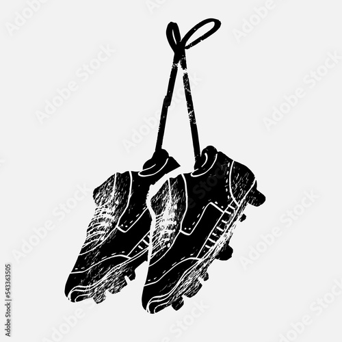 Vector engraved style illustration for posters, decoration and print. Hand drawn sketch of soccer shoe in white isolated on black background. Detailed vintage etching style drawing.