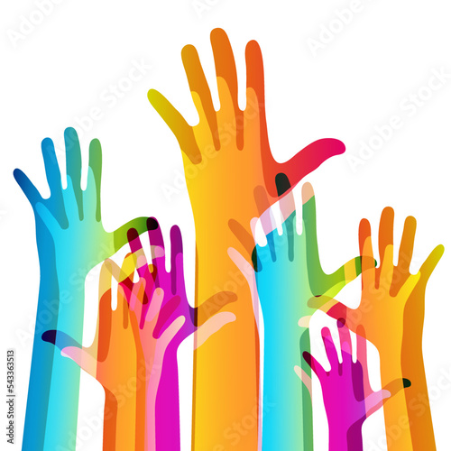 Hands on a light background. Colorful silhouettes arms.  Vector team, help, friendship symbol illustration.