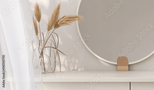 Photo Empty modern, minimal and luxury cream dressing table top, vase of pampas, round
