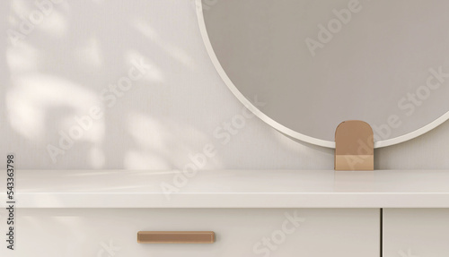 Photo Empty modern, minimal and luxury cream dressing table top, round mirror in white
