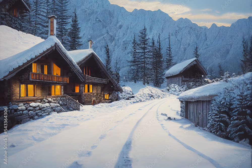 Wooden chalet in the alps on a cold winter evening