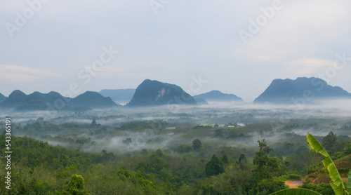 Early morning mist and beautiful mountain in south Thailand