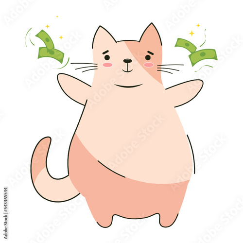 Cute cat with banknotes. Funny cat shows stacks of flying banknotes and acts as a happy and proud emotion. For banners, stickers. In flat style. vector illustration.