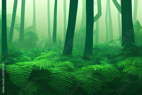tropical trees and leaves in foggy forest wallpaper design 3D illustration