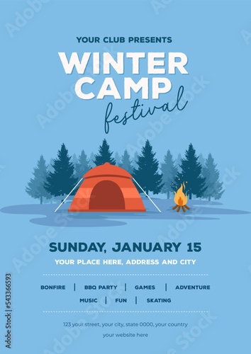 Modern flat illustrated winter camping vertical poster. winter camp social media posts. Flat winter camping flyer or brochure template