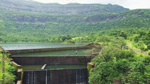 Aerial Footage of Green landscape surrounding the Solanpada Dam at Jambrung village Karjat- 4k Drone Video- Aerial Photography-Maharashtra, India Dam