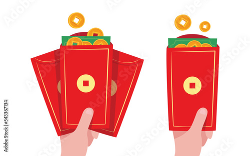 Red envelop top angle view on white background. Traditional lucky envelop on China New Year eve. Bao li xi of Tet holiday
