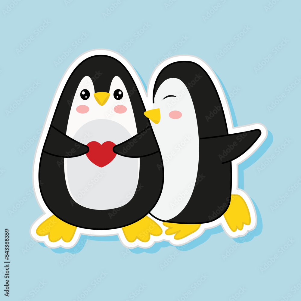 Fototapeta premium Kissing Penguin With A Heart Over Blue Background In Sticker Style.