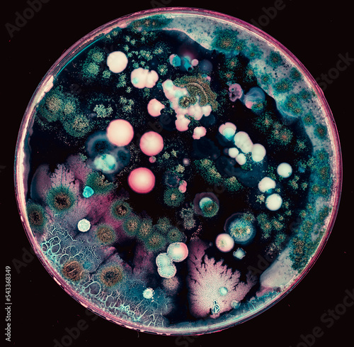 colonies of microorganisms on the surface of agar in a Petri dish bacteria and fungi from the surface of a cell phone in a Petri dish photo