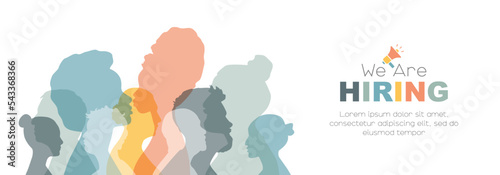 We are Hiring banner. Different people are standing together. Card with place for text.