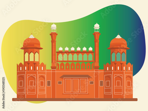 Vector Illustration Of Red Fort In New Delhi Against Abstract Background.