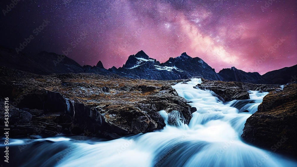 Hyper-realistic AI-generated digital art of the Milky Way over mountains and cascading water streams