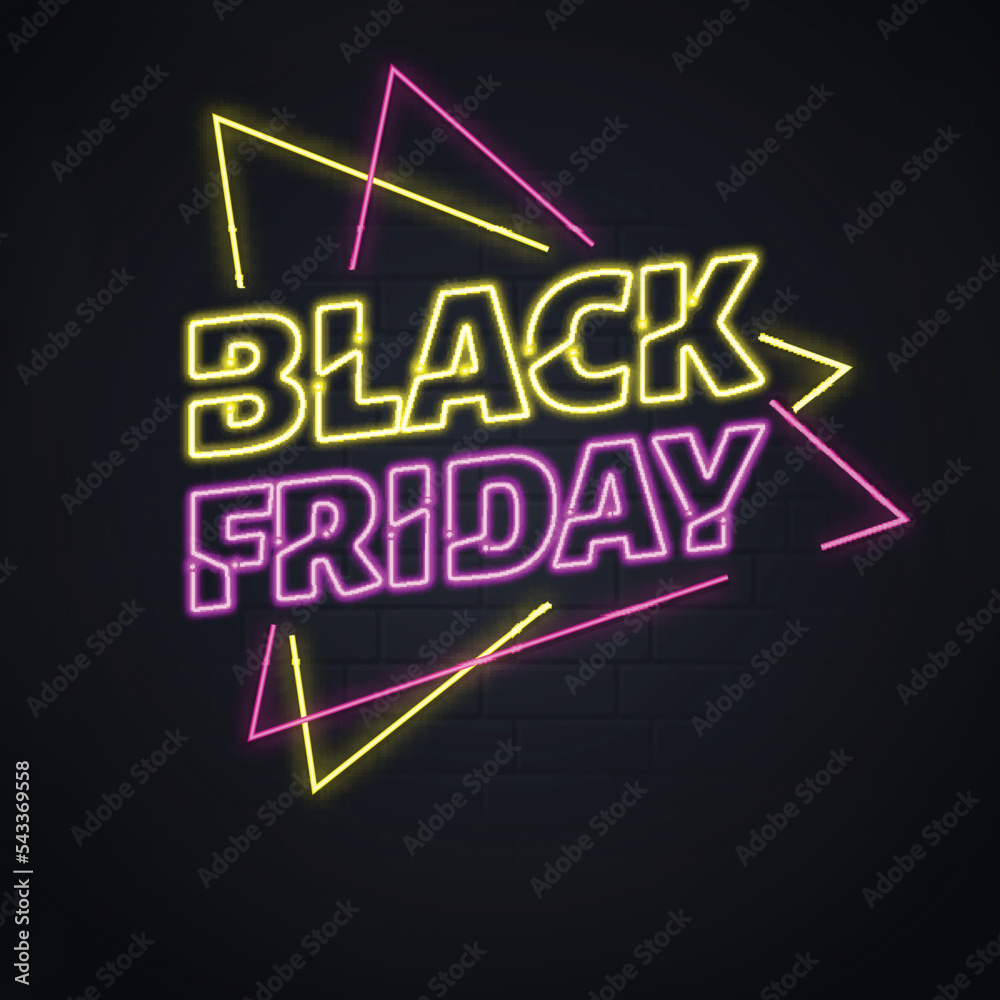 Neon Black Friday Font With Triangle Shapes On Black Brick Wall Background. Neon Black Friday Font With Triangle Shapes On Black Brick Wall Background.