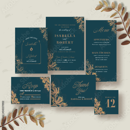 Presenting Wedding Invitation Suite In Teal Blue Color Against Gray Background.