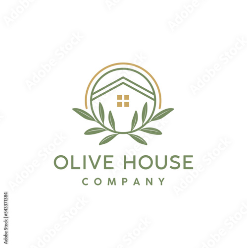 Garden Olive Leaf Plant with House for Fresh Home Real Estate Residential Mortgage Apartment Building Logo Design
