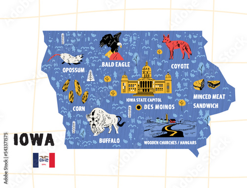 USA Iowa map flat hand drawn vector illustration. Names lettering and cartoon landmarks, tourist attractions cliparts.Des Moinos travel, trip comic infographic poster, banner concept design 