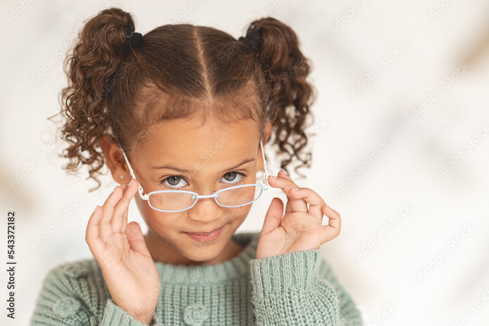 Little girl, glasses and vision portrait with a child wearing