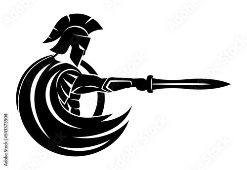 Spartan warrior with sword and shield on white background.