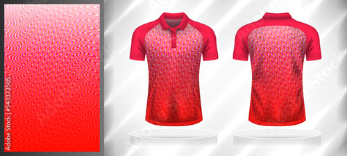 Vector sport pattern design template for Polo T-shirt front and back with short sleeve view mockup. Dark and light shades of pink-red color gradient abstract wavy line texture background illustration.
